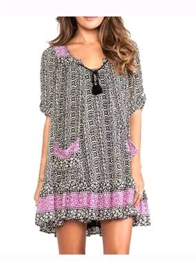 Free People Black and Pink Printed Midi Dress